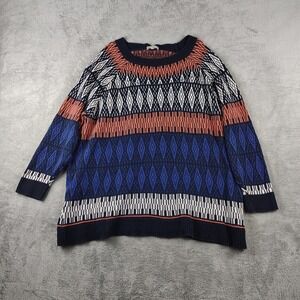 Woman Within Sweater Fair Isle Knit 3X Blue Cotton Blend Cabincore Cozy